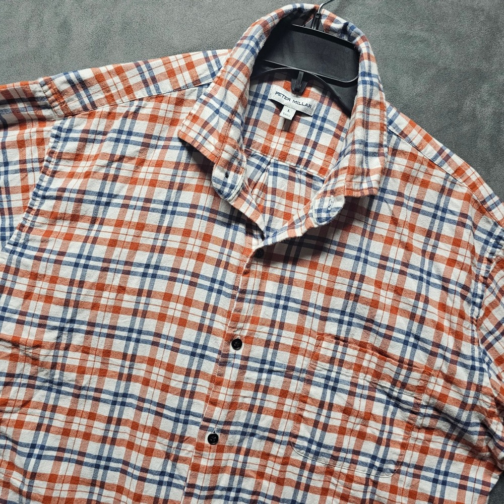 Peter Millar Men's Large Orange Blue Plaid Long Sleeve Button Down Shirt
